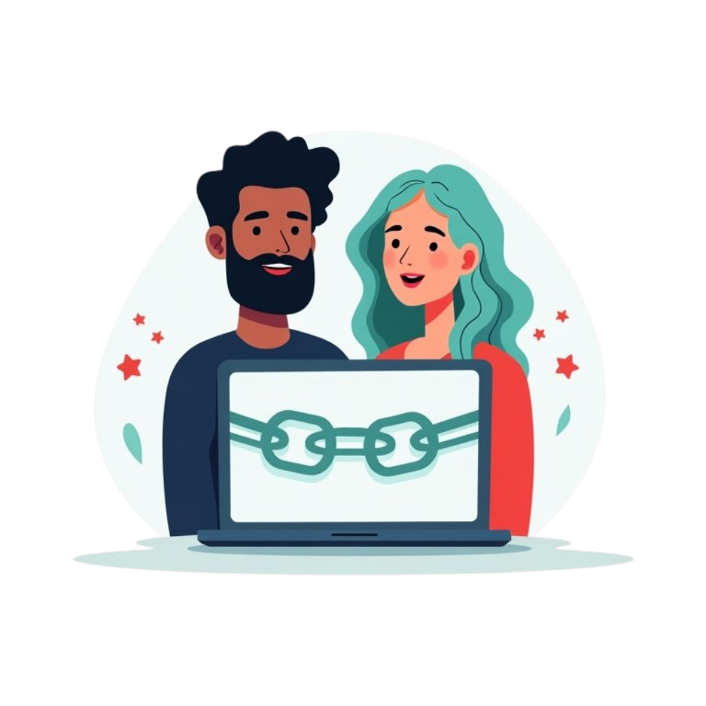 Twee mensen die naar een laptop kijken met hier een ketting erop ter illustratie van linkbuilding